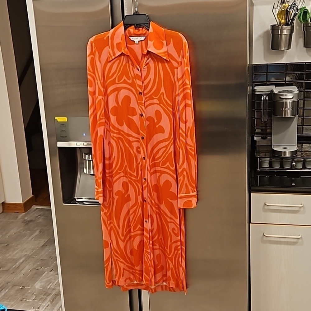 💕TRINA TURK💕 Long Sleeve Jersey Knit Shirt Dress Orange and Pink Retro Print M